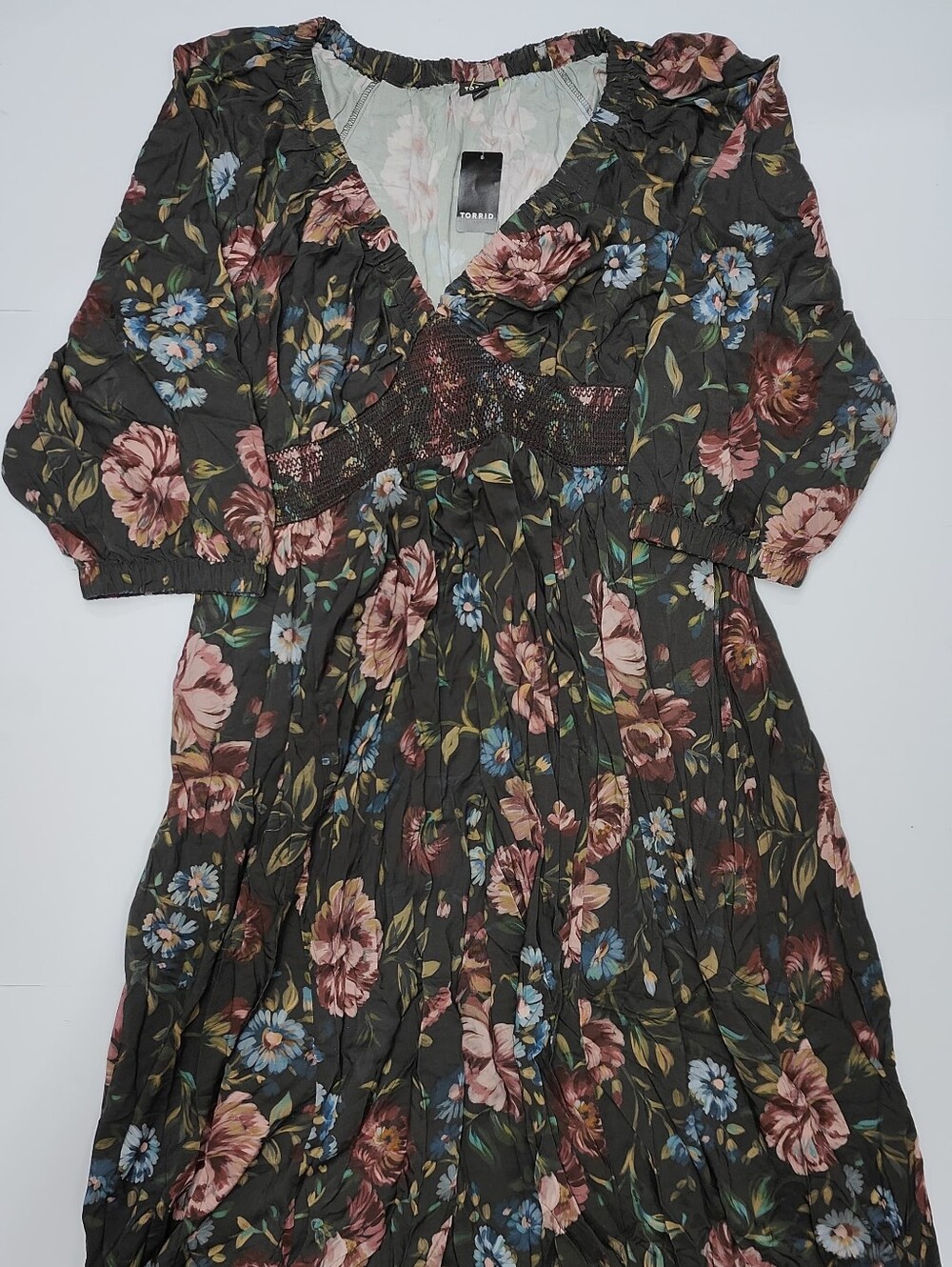 torrid Olive Floral V-Neck Dress with Pink & Blue Blooms 3x